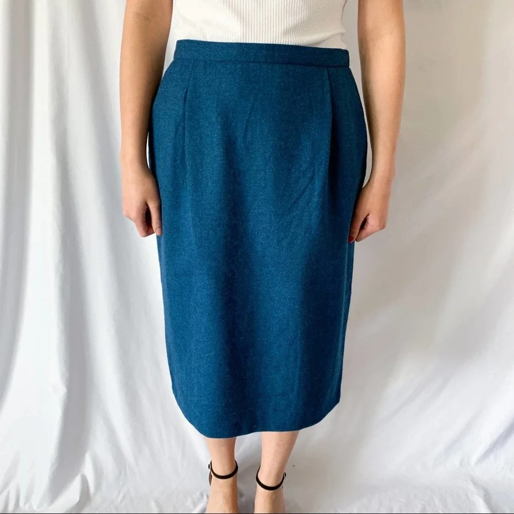 Pendleton Vintage 100% Virgin Wool Blue Midi Pencil Skirt Size 12P - Picture 1 of 12